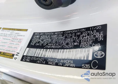 2021 Toyota C-Hr Le z USA, uszkodzony, nr VIN JTNKHMBX6M1105091